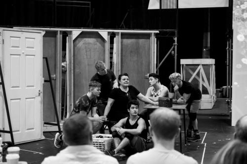 Rachel Lumberg as Rachel with Five To Five in rehearsals for The Band, credit Matt Crockett