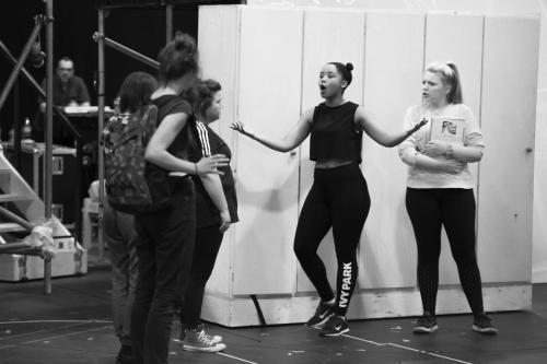 Rachelle Diedericks as Debbie (centre) & Katy Clayton as Young Heather in rehearsals for The Band, credit Matt Crockett