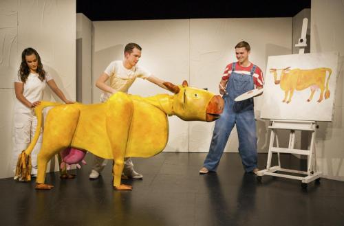 The Artist Who Painted a Blue Horse - A Yellow Cow greets The Artist (Andrew Cullimore) in The Very Hungry Caterpillar Show. Photo Credit Pamela Raith Photography (2)